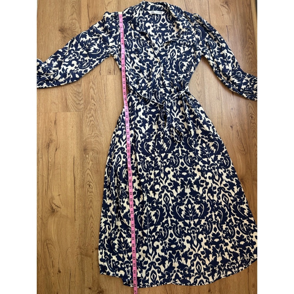Zara Blue White Damask Printed Midi Maxi Shirt Dress Small Tie Waist Boho Resort - Picture 8 of 8